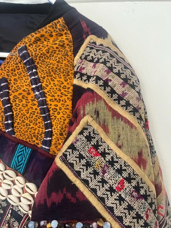 One of a kind. Patchwork Embellished Multicolor Bomber Jacket with Shell Accents - Picture 9 of 16